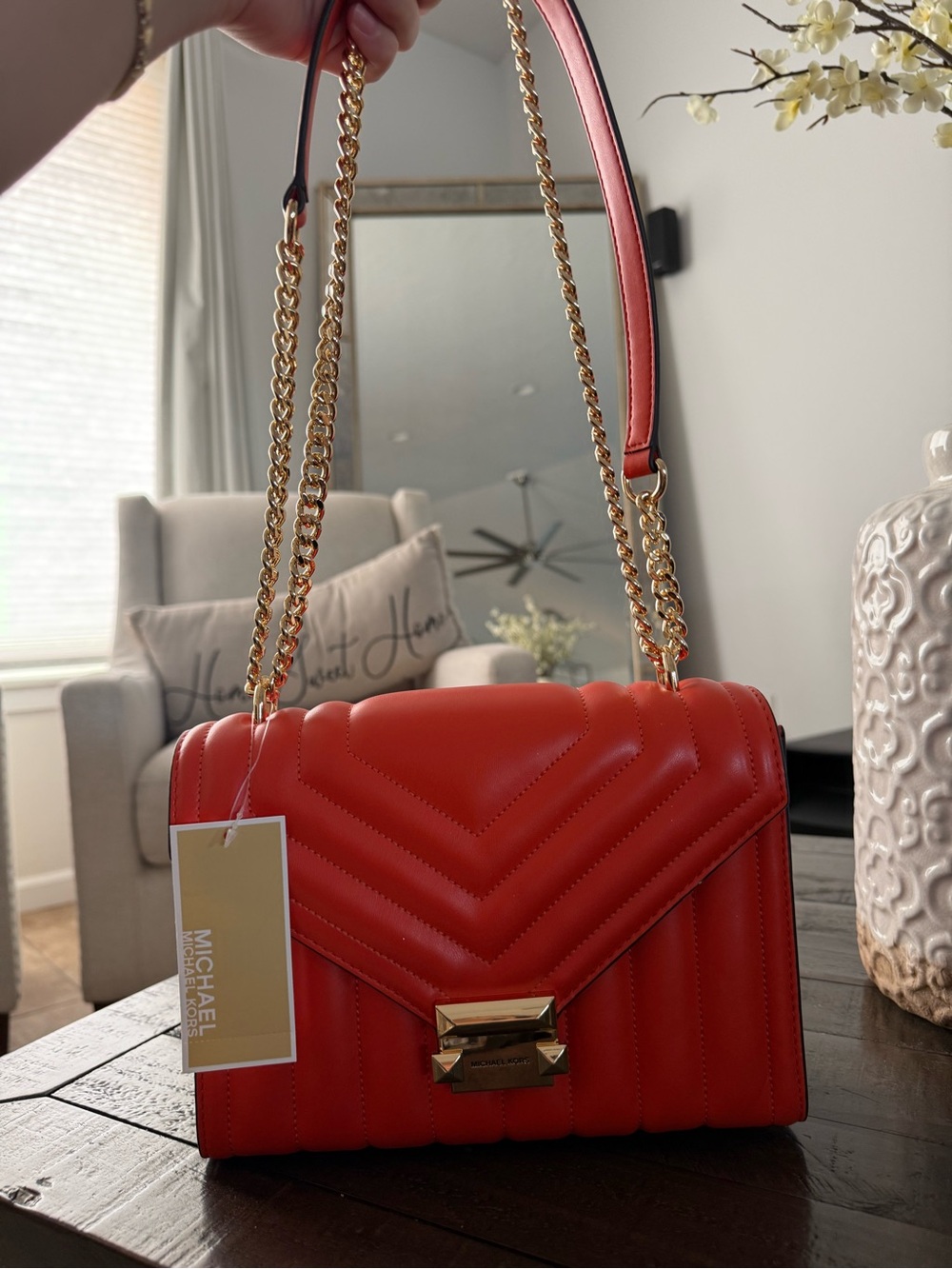 Michael Kors Coral-Red Quilted Leather Chain Shoulder small Bag